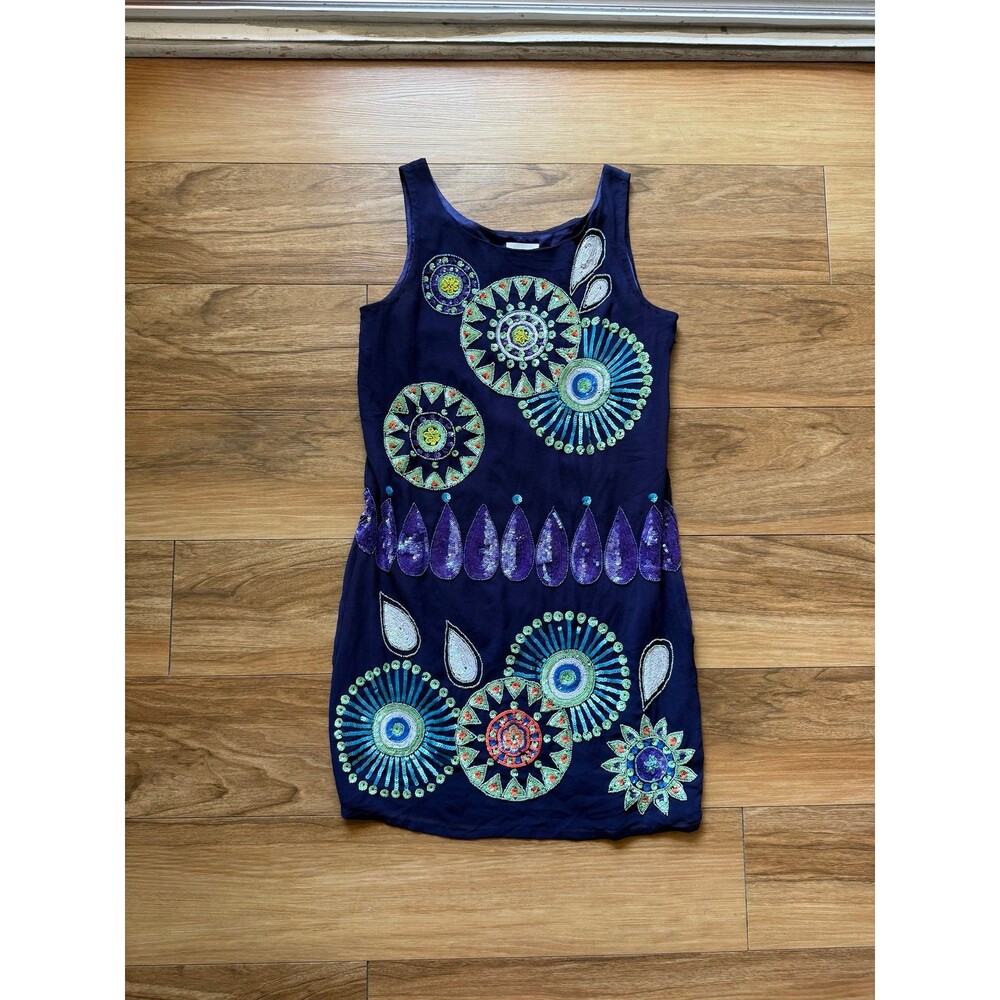 Anthropologie Maeve Navy Beaded Sequin Shift Dress size Small Cocktail Party